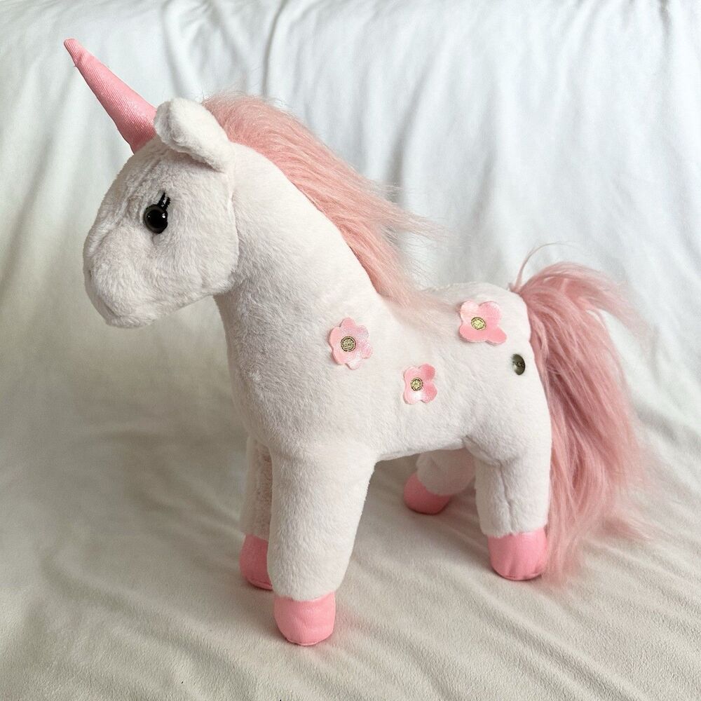 FAO Schwarz Unicorn Horse Plush White Pink Flowers 12” Stuffed Animal Pony 2022